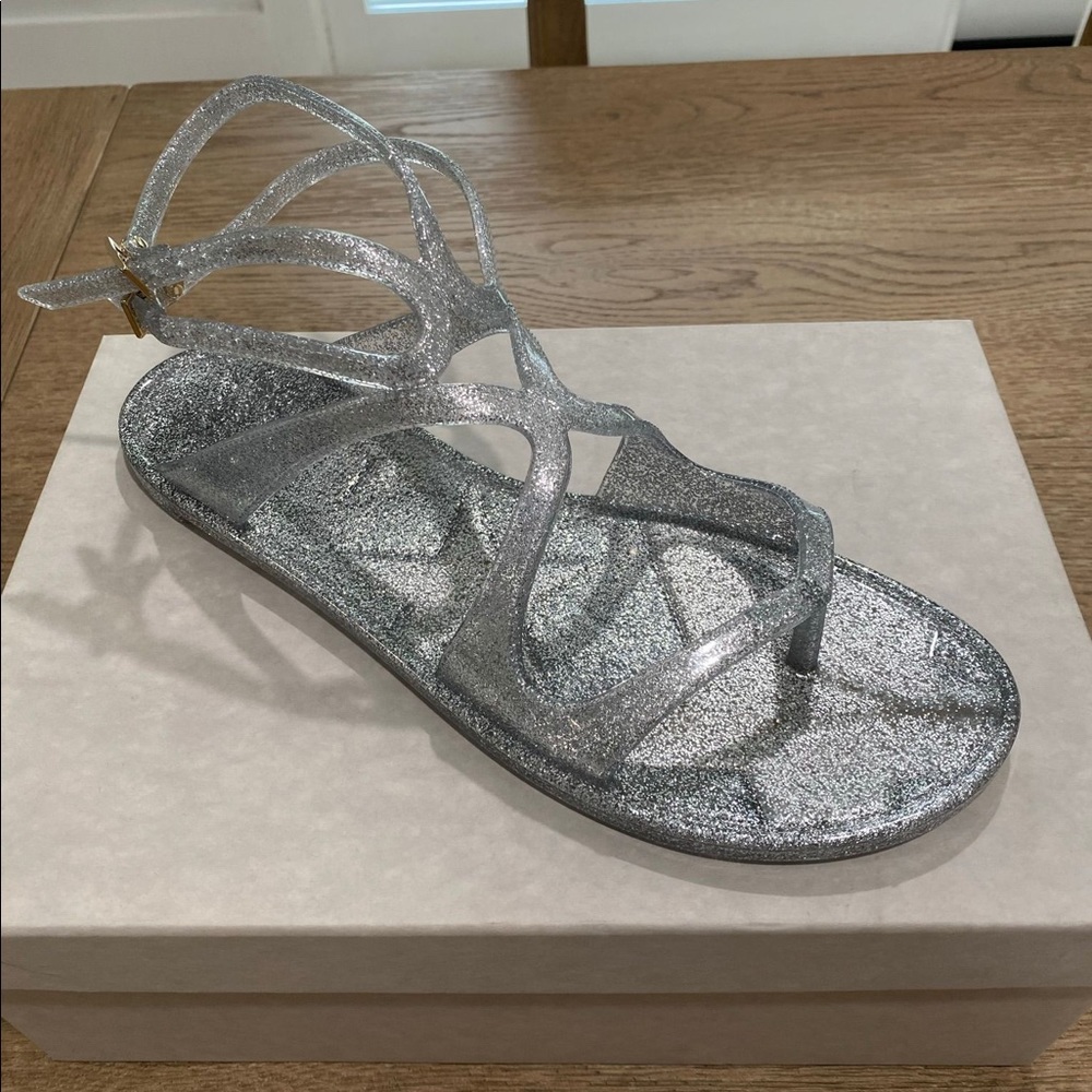 Jimmy Choo Silver Glitter Strappy Flat Sandals